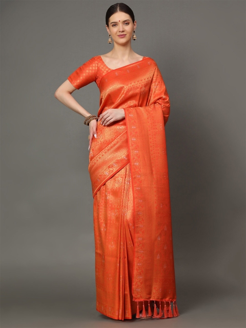 

Ekta Textiles Orange & Gold-Toned Woven Design Zari Pure Silk Banarasi Saree