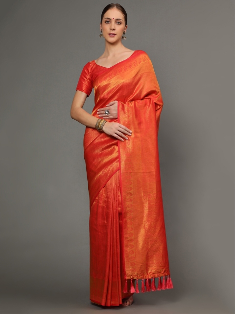 

Ekta Textiles Red & Gold-Toned Woven Design Zari Pure Silk Banarasi Saree