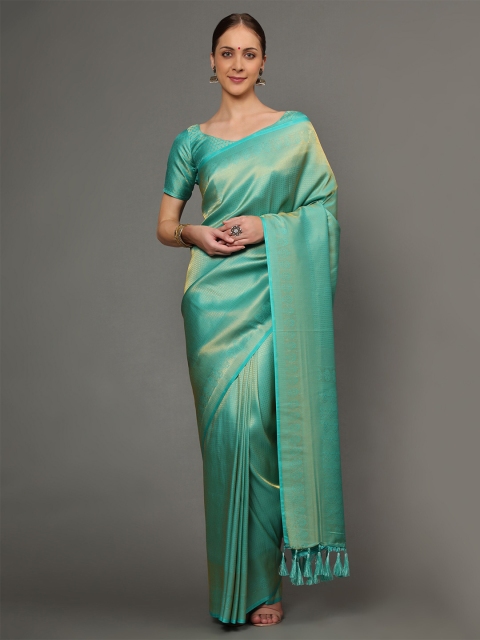 

Ekta Textiles Sea Green & Gold-Toned Ethnic Motifs Zari Pure Silk Banarasi Saree