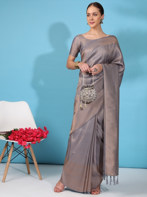 

Ekta Textiles Grey & Gold-Toned Paisley Zari Pure Silk Banarasi Saree