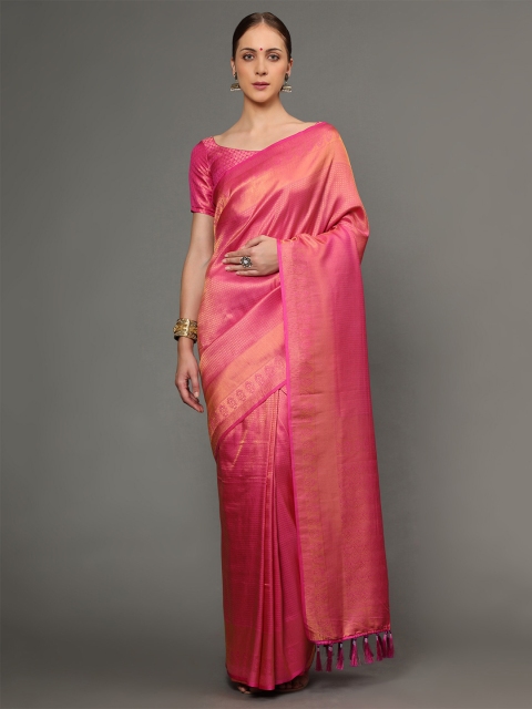 

Ekta Textiles Pink & Gold-Toned Ethnic Motifs Zari Pure Silk Banarasi Saree