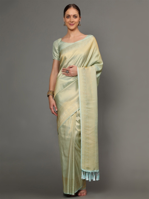 

Ekta Textiles Sea Green & Gold-Toned Ethnic Motifs Zari Pure Silk Banarasi Saree