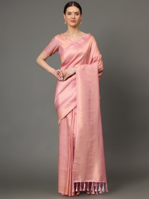 

Ekta Textiles Pink & Gold-Toned Woven Design Zari Pure Silk Banarasi Saree