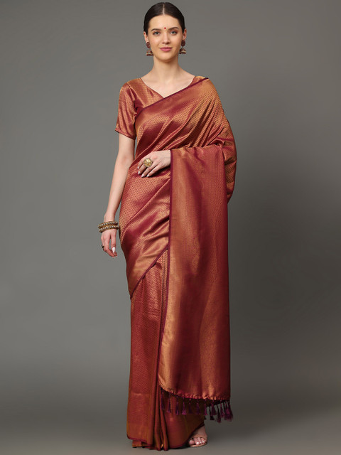 

Ekta Textiles Maroon & Gold-Toned Woven Design Zari Pure Silk Banarasi Saree