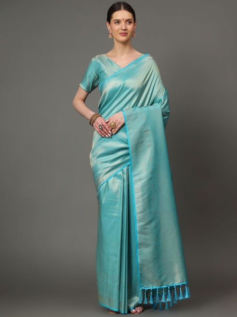 

Ekta Textiles Turquoise Blue & Gold-Toned Woven Design Zari Pure Silk Banarasi Saree