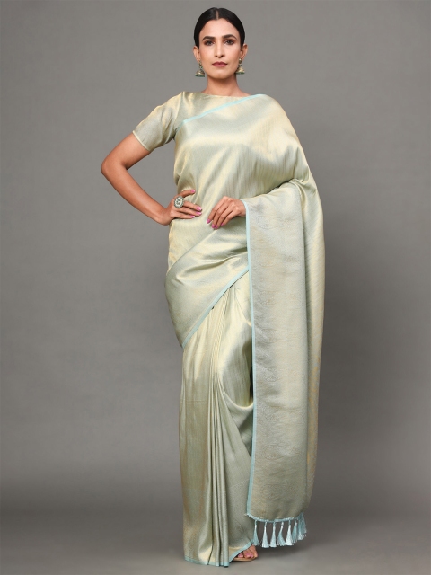 

Ekta Textiles Sea Green & Gold-Toned Woven Design Zari Pure Silk Banarasi Saree
