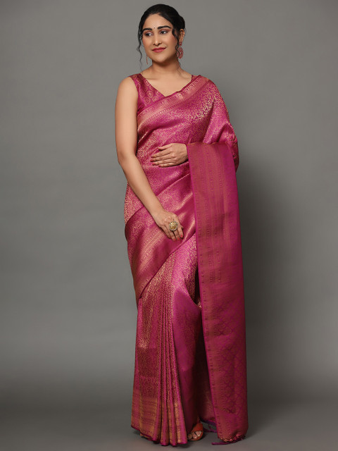 

Ekta Textiles Magenta & Gold-Toned Woven Design Zari Pure Silk Banarasi Saree