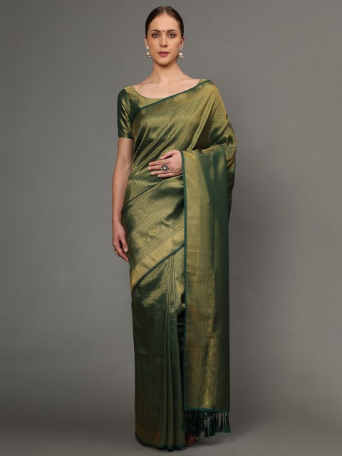 

Ekta Textiles Green And Gold-Toned Woven Design Zari Pure Silk Banarasi Saree