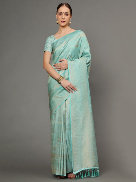 

Ekta Textiles Turquoise Blue And Gold-Toned Woven Design Zari Pure Silk Banarasi Saree