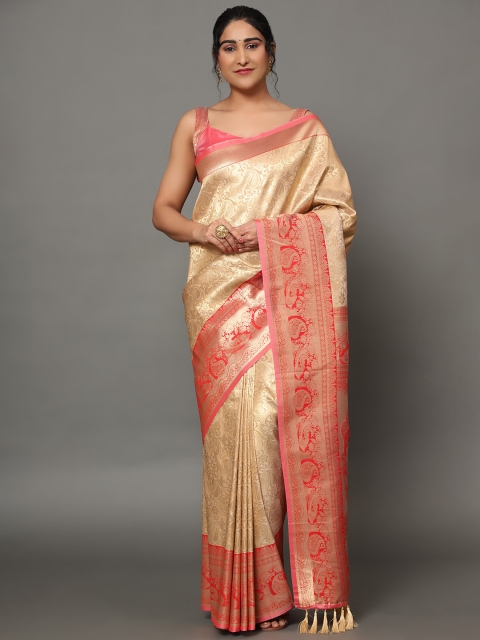 

Ekta Textiles Red And Cream Coloured Woven Design Zari Pure Silk Banarasi Saree
