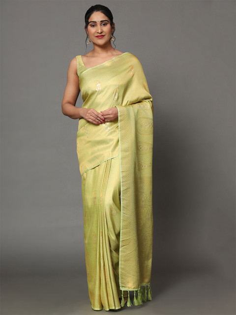 

Ekta Textiles Green And Gold-Toned Woven Design Zari Pure Silk Banarasi Saree