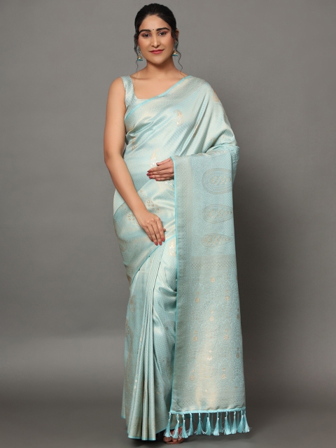

Ekta Textiles Turquoise Blue And Gold-Toned Woven Design Zari Pure Silk Banarasi Saree