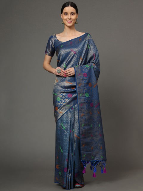 

Ekta Textiles Blue And Gold-Toned Woven Design Zari Pure Silk Banarasi Saree