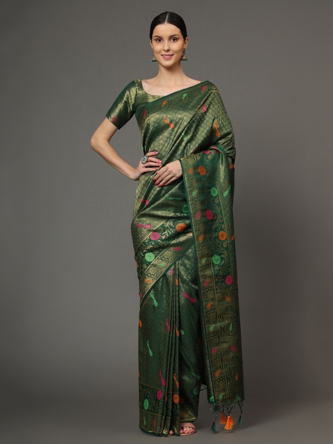 

Ekta Textiles Green & Gold-Toned Ethnic Motifs Zari Pure Silk Kanjeevaram Saree
