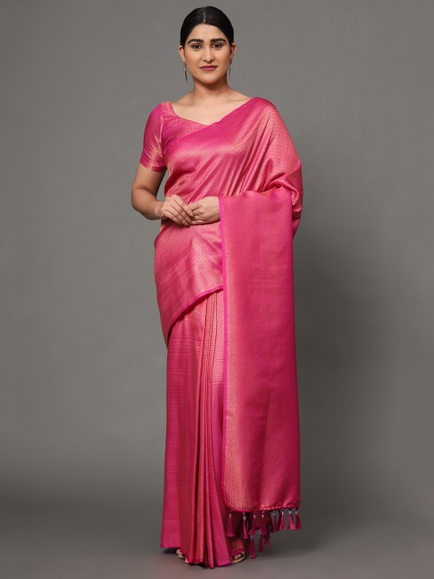 

Ekta Textiles Pink & Gold-Toned Ethnic Motifs Zari Pure Silk Banarasi Saree