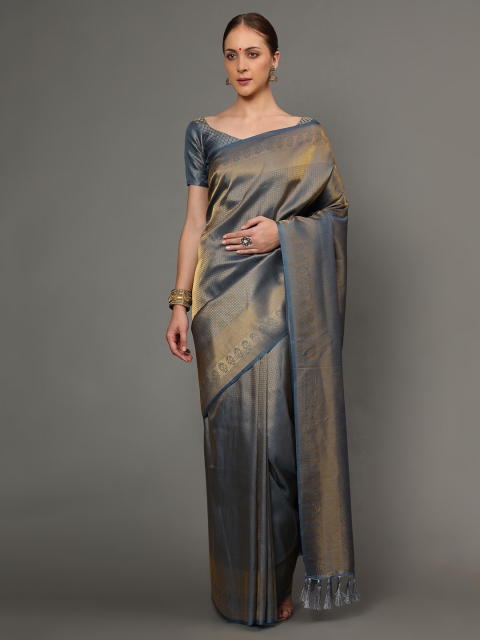 

Ekta Textiles Grey & Gold-Toned Ethnic Motifs Zari Pure Silk Banarasi Saree