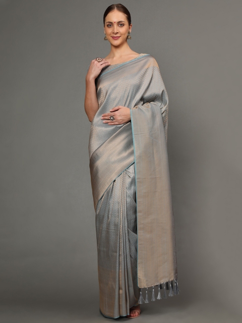 

Ekta Textiles Grey & Gold-Toned Woven Design Pure Silk Saree