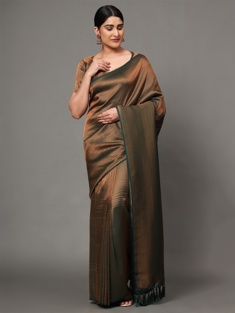 

Ekta Textiles Green & Gold-Toned Woven Design Pure Silk Saree