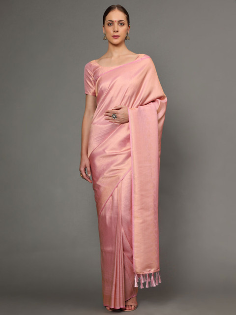

Ekta Textiles Pink & Gold-Toned Woven Design Pure Silk Saree