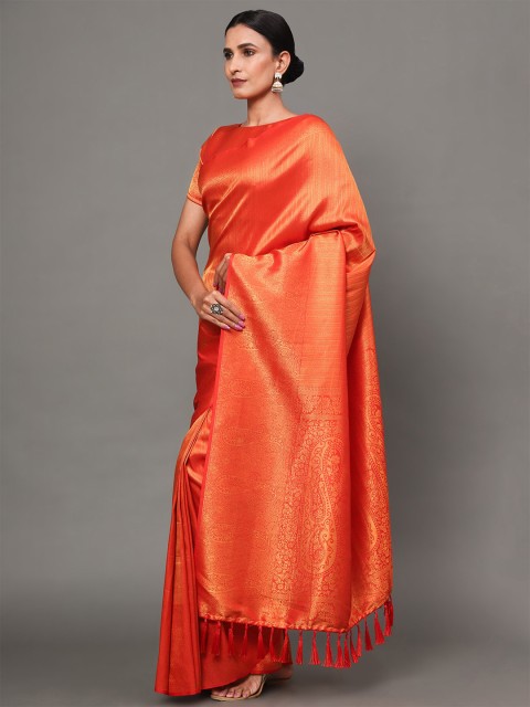 

Ekta Textiles Orange & Gold-Toned Ethnic Motifs Zari Pure Silk Banarasi Saree