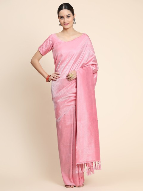 

Ekta Textiles Pink & Silver-Toned Floral Zari Pure Silk Banarasi Saree