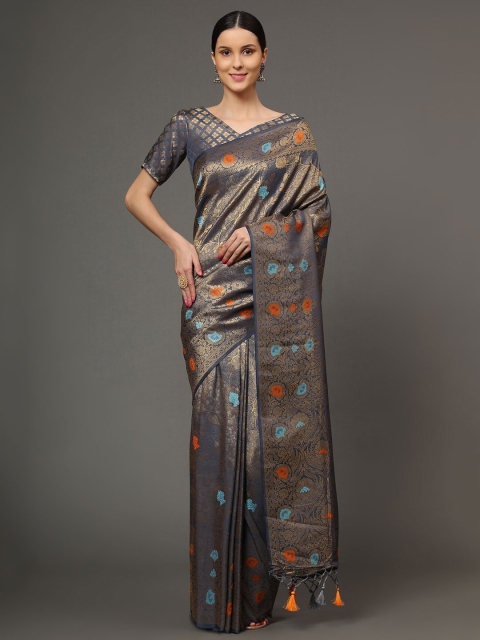 

Ekta Textiles Grey & Blue Floral Zari Pure Silk Banarasi Saree