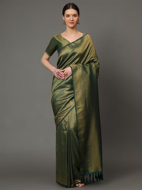 

Ekta Textiles Green & Gold-Toned Woven Design Zari Pure Silk Banarasi Saree