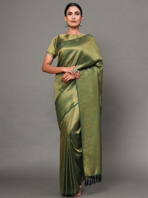 

Ekta Textiles Green & Gold-Toned Ethnic Motifs Zari Pure Silk Banarasi Saree