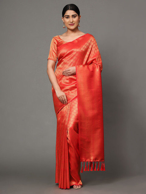 

Ekta Textiles Red & Gold-Toned Ethnic Motifs Zari Pure Silk Banarasi Saree