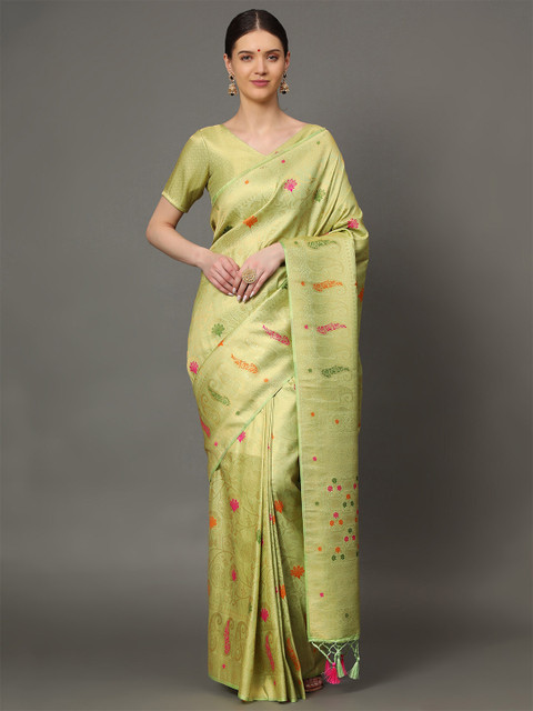 

Ekta Textiles Green & Gold-Toned Floral Zari Pure Silk Banarasi Saree
