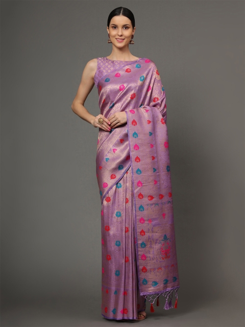 

Ekta Textiles Purple & Pink Ethnic Motifs Zari Pure Silk Banarasi Saree