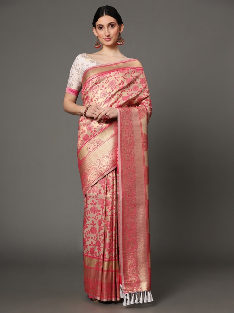 

Ekta Textiles Cream-Coloured & Gold-Toned Floral Zari Pure Silk Banarasi Saree