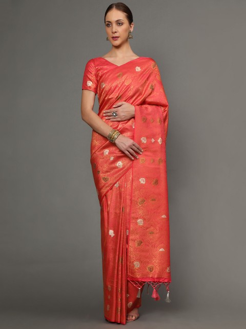 

Ekta Textiles Red & Gold-Toned Ethnic Motifs Zari Pure Silk Banarasi Saree