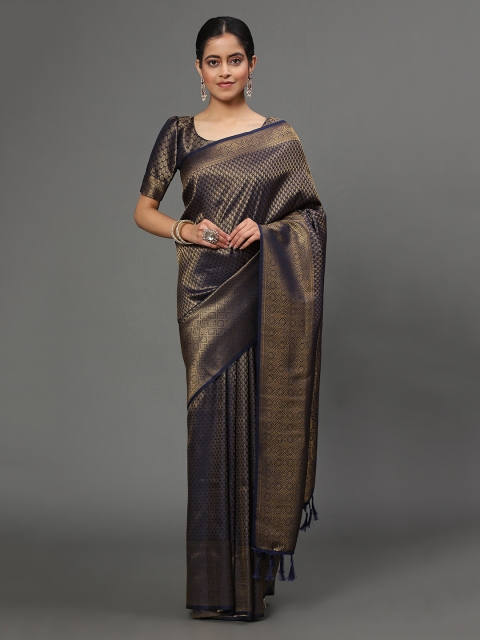 

Ekta Textiles Navy Blue & Gold-Toned Woven Design Zari Pure Silk Kanjeevaram Saree