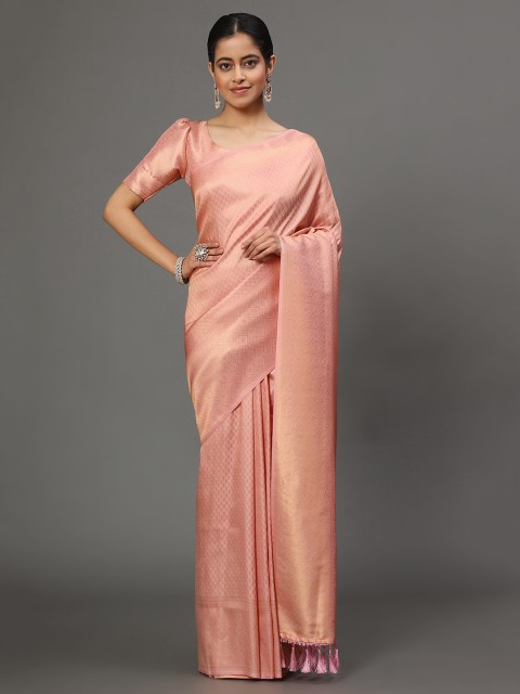 

Ekta Textiles Peach-Coloured & Gold-Toned Woven Design Zari Pure Silk Banarasi Saree