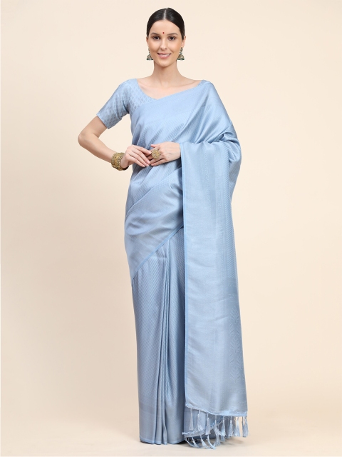 

Ekta Textiles Blue & Silver-Toned Woven Design Zari Pure Silk Banarasi Saree