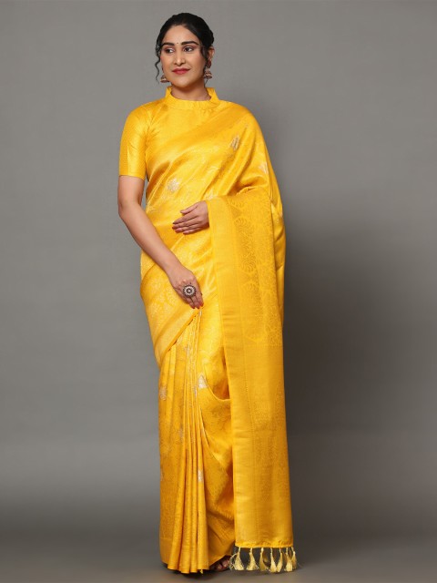 

Ekta Textiles Yellow & Gold-Toned Floral Zari Pure Silk Banarasi Saree