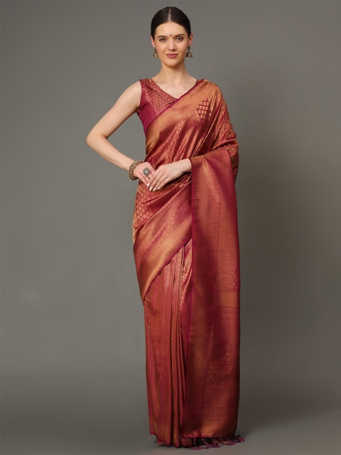 

Ekta Textiles Magenta & Gold-Toned Woven Design Zari Pure Silk Banarasi Saree