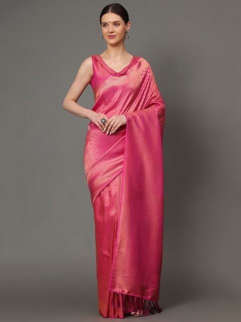 

Ekta Textiles Pink & Gold-Toned Woven Design Zari Pure Silk Banarasi Saree