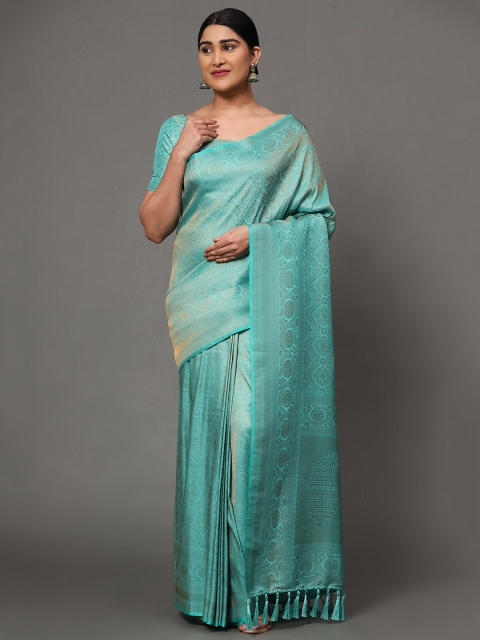 

Ekta Textiles Turquoise Blue & Gold-Toned Woven Design Zari Pure Silk Banarasi Saree