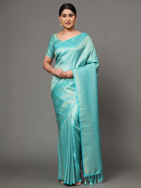 

Ekta Textiles Turquoise Blue & Gold-Toned Woven Design Zari Pure Silk Banarasi Saree