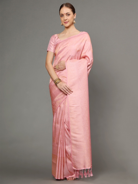 

Ekta Textiles Pink & Gold-Toned Woven Design Zari Pure Silk Banarasi Saree