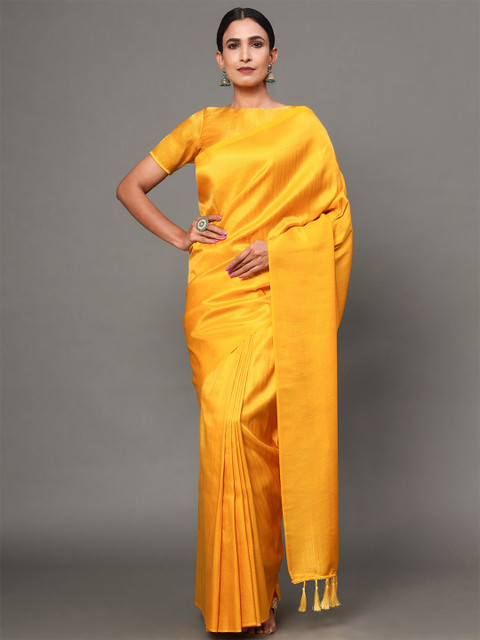 

Ekta Textiles Yellow & Gold-Toned Woven Design Zari Pure Silk Banarasi Saree