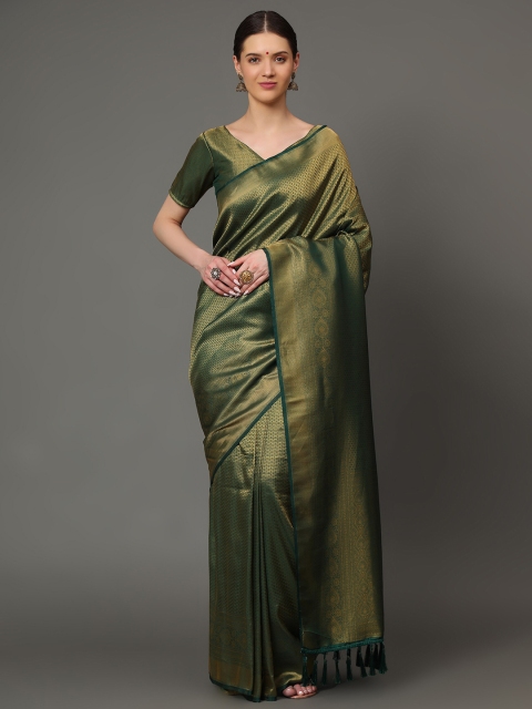 

Ekta Textiles Green & Gold-Toned Woven Design Zari Pure Silk Banarasi Saree