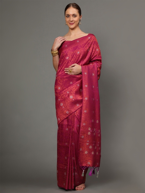 

Ekta Textiles Maroon & Gold-Toned Floral Zari Pure Silk Banarasi Saree