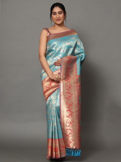 

Ekta Textiles Red & Blue Ethnic Motifs Zari Pure Silk Banarasi Saree
