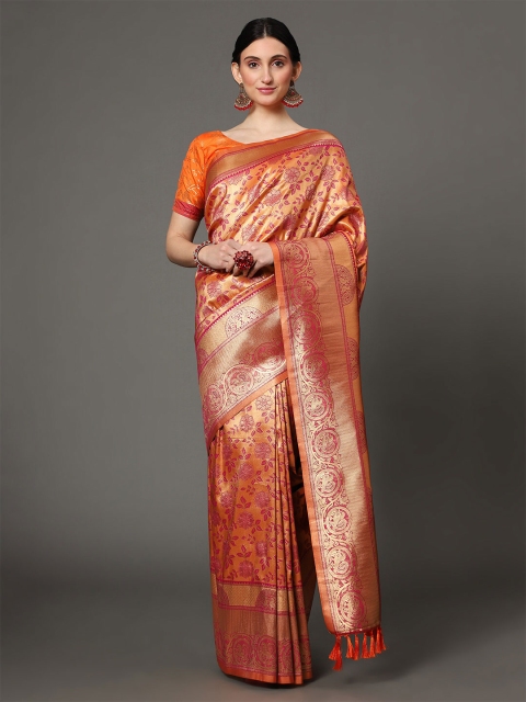 

Ekta Textiles Orange & Gold-Toned Woven Design Zari Pure Silk Banarasi Saree