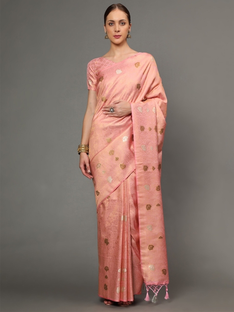 

Ekta Textiles Peach-Coloured & Gold-Toned Floral Zari Pure Silk Banarasi Saree