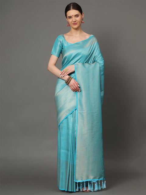 

Ekta Textiles Turquoise Blue & Gold-Toned Woven Design Zari Pure Silk Banarasi Saree