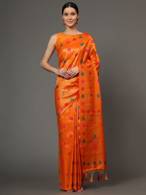 

Ekta Textiles Orange & Gold-Toned Ethnic Motifs Zari Pure Silk Banarasi Saree